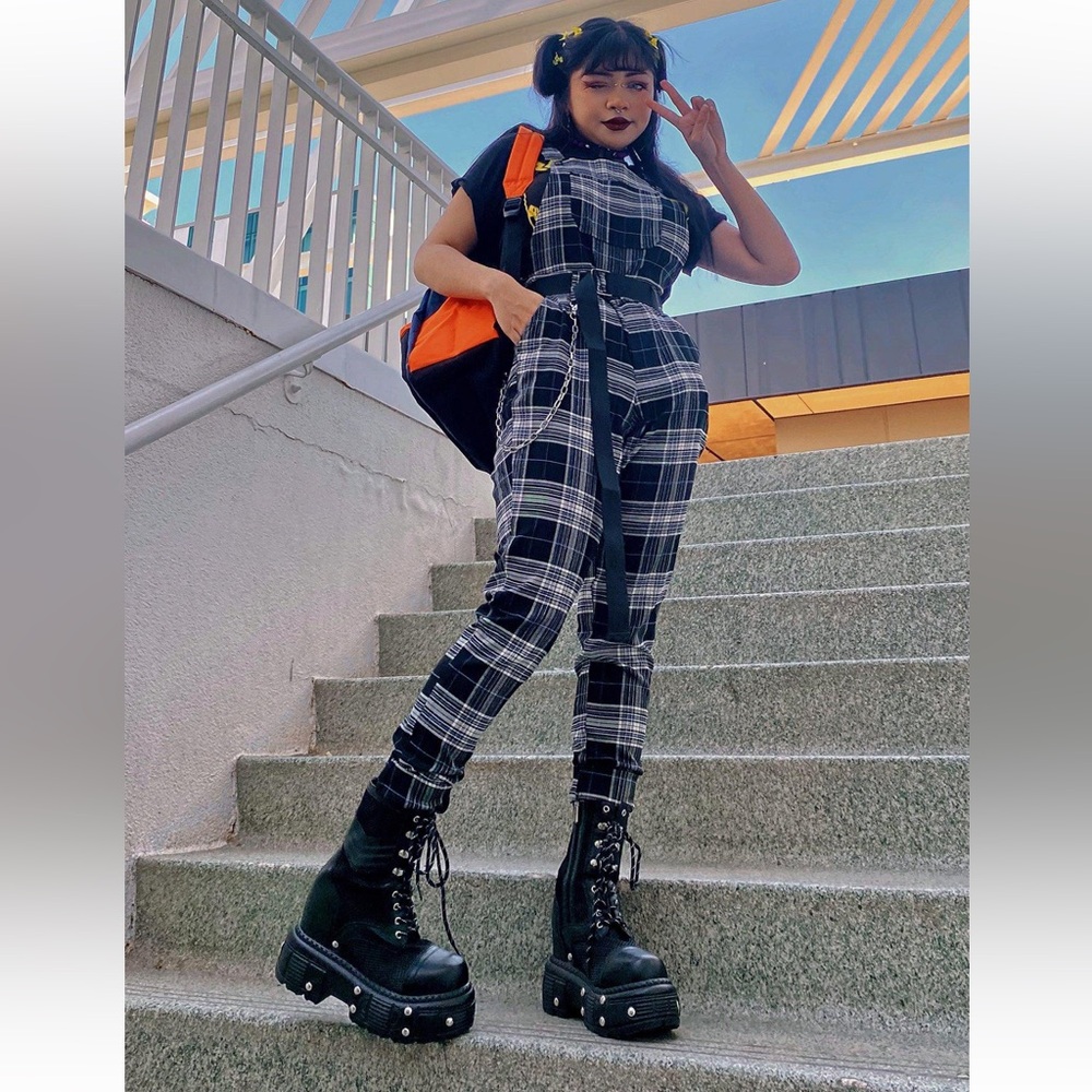 Hot Topic Black & White Plaid Overalls
